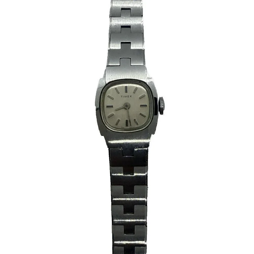 Vtg Timex Watch Women's 18mm Silver Tone Mechanical Manual Wind Square Stainless